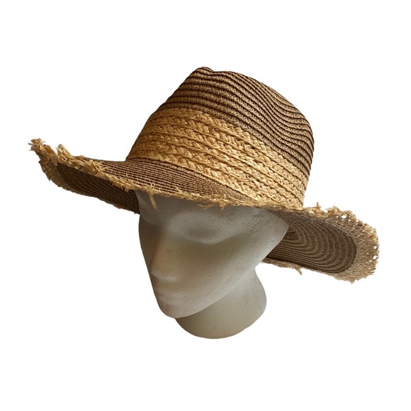Hats, straw hat beachy Sun hat SZ 7 1/2” Summer swim Tan & cream Beach bum cute - Picture 1 of 5